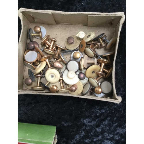 87 - QTY OF MINATURE BOTTLES, VINTAGE CAMERA, CARD GAME, STUDS, WATCH ETC
