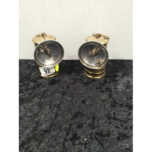 92 - PAIR OF BRASS MINATURE MINERS LAMPS
