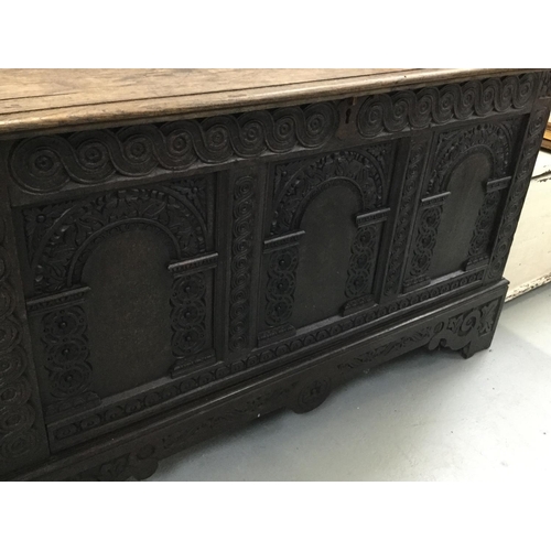 284 - EARLY CARVED OAK 3 PANEL COFFER A/F -51