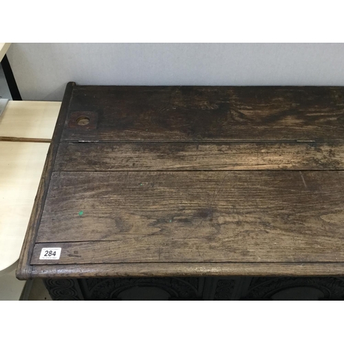 284 - EARLY CARVED OAK 3 PANEL COFFER A/F -51