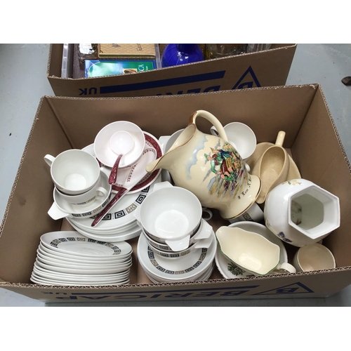 181 - 2 BOXES OF CHINA & GLASSWARE TO INCLUDE HUGUENOT DINNER SERVICE, AYNSLEY VASE, CROWN DEVON JUG COLOU... 