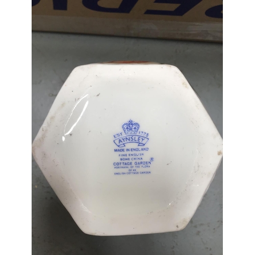 181 - 2 BOXES OF CHINA & GLASSWARE TO INCLUDE HUGUENOT DINNER SERVICE, AYNSLEY VASE, CROWN DEVON JUG COLOU... 