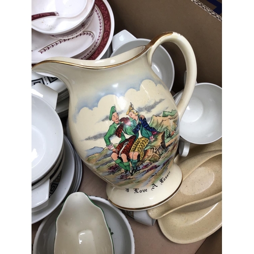 181 - 2 BOXES OF CHINA & GLASSWARE TO INCLUDE HUGUENOT DINNER SERVICE, AYNSLEY VASE, CROWN DEVON JUG COLOU... 