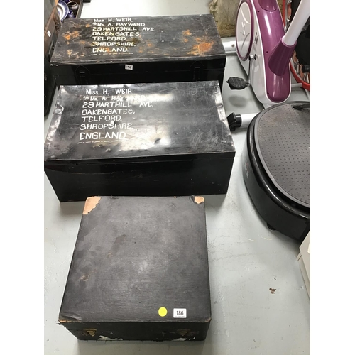 186 - 2 METAL TRUNKS, WOODEN CASE