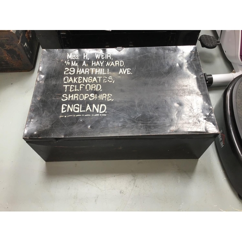 186 - 2 METAL TRUNKS, WOODEN CASE