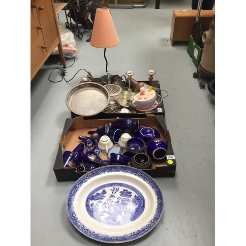 190 - BOX OF SILVER PLATED ITEMS, WEST GERMAN LAVA VASE AND BOC OF BLUE PATTERENED CHINA