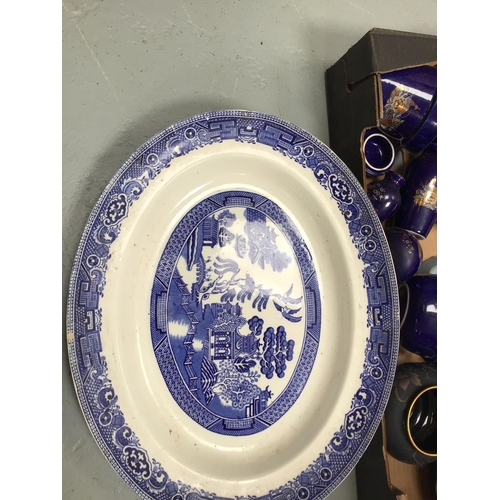 190 - BOX OF SILVER PLATED ITEMS, WEST GERMAN LAVA VASE AND BOC OF BLUE PATTERENED CHINA