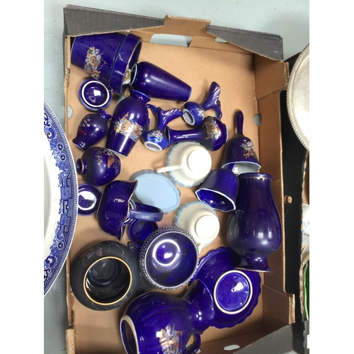 190 - BOX OF SILVER PLATED ITEMS, WEST GERMAN LAVA VASE AND BOC OF BLUE PATTERENED CHINA