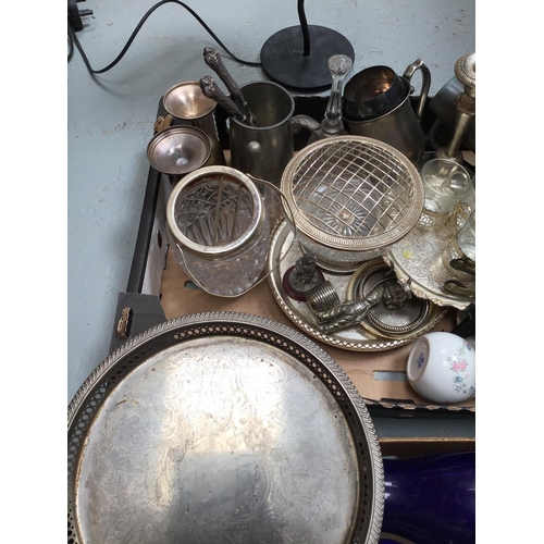 190 - BOX OF SILVER PLATED ITEMS, WEST GERMAN LAVA VASE AND BOC OF BLUE PATTERENED CHINA