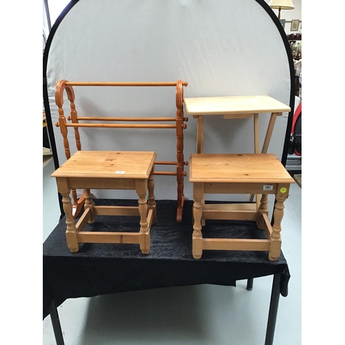 191 - 2 PINE LAMP TABLES, TOWEL RAIL AND FOLDING TABLE