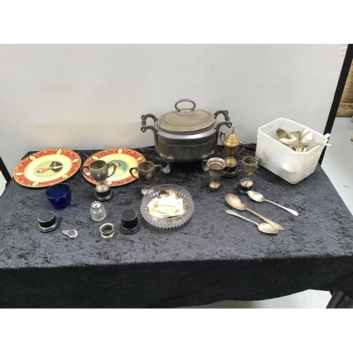 201 - BOX OF SILVER PLATED WARE TO INCLUDE LARGE TUREEN, CUTLERY TROPHIES ETC