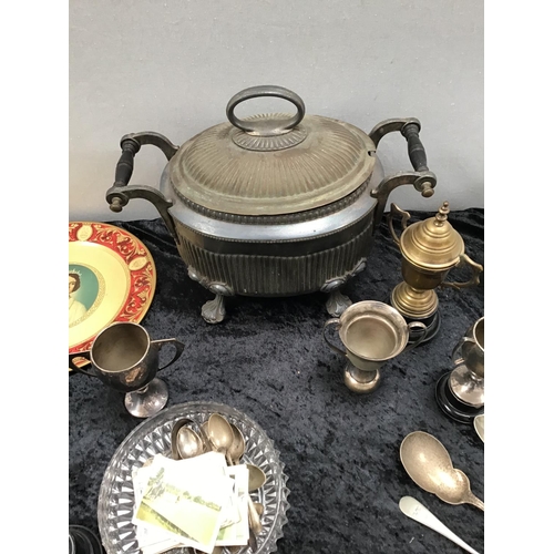 201 - BOX OF SILVER PLATED WARE TO INCLUDE LARGE TUREEN, CUTLERY TROPHIES ETC