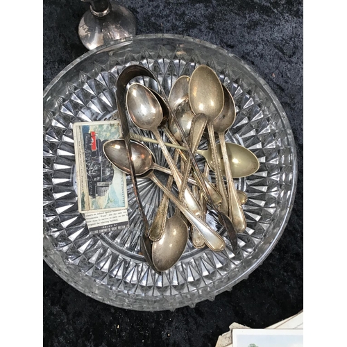 201 - BOX OF SILVER PLATED WARE TO INCLUDE LARGE TUREEN, CUTLERY TROPHIES ETC