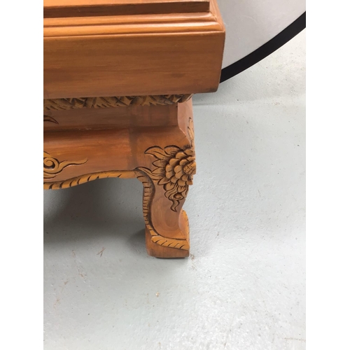 209 - MODERN CHINESE STYLE CARVED TABLE WITH GLASS FITTED TOP