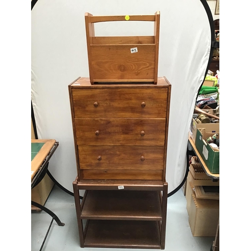213 - 3 DRAWER CHEST, TEA TROLLEY AND MAGAZINE RACK