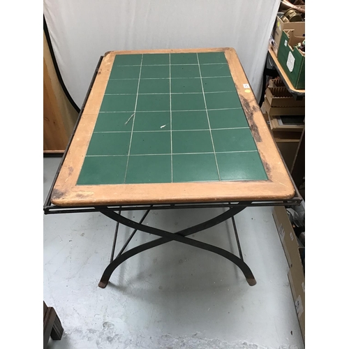214 - METAL FOLDING GARDEN TABLE WITH TILED TOP FITTED