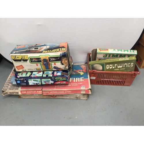 222 - QTY OF VINTAGE GAMES INCLUDING REMOTE CONTROLL HELICOPTER, CROSSFIRE ETC