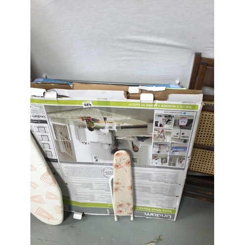 224 - QTY OF KITCHEN ITEMS TO INCLUDE IRONING BOARD, FOLDING TABLE, AIRERS ETC