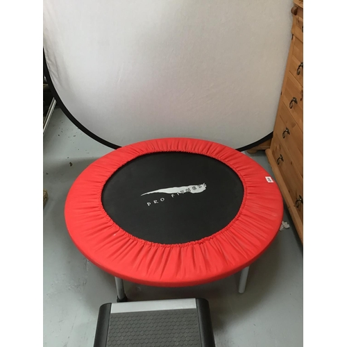 225 - QTY OF EXERCISE ITEMS TO INCLUDE STEPPER, KETTLEBALLS, TRAMPOLINE, DUMBELL SET ETC