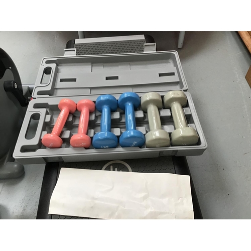 225 - QTY OF EXERCISE ITEMS TO INCLUDE STEPPER, KETTLEBALLS, TRAMPOLINE, DUMBELL SET ETC