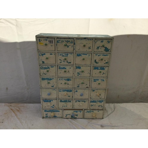103 - PAINTED WORKSHOP BANK OF DRAWERS (27 DRAWERS)
18 X 6