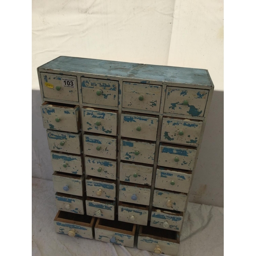 103 - PAINTED WORKSHOP BANK OF DRAWERS (27 DRAWERS)
18 X 6