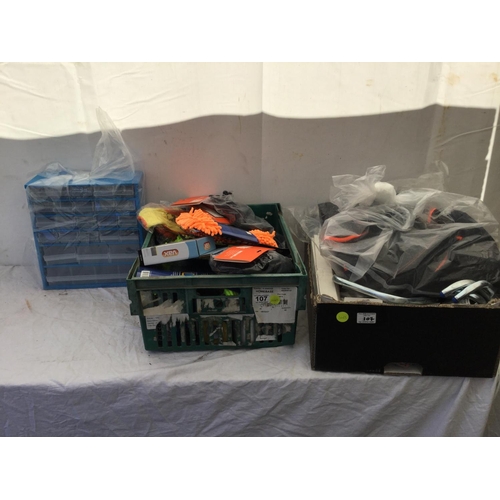 107 - CRATE AND A BOX OF HARDWARE TO INCLUDE SCREW ORGANISER, SPONGES ETC