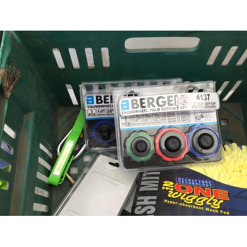 107 - CRATE AND A BOX OF HARDWARE TO INCLUDE SCREW ORGANISER, SPONGES ETC