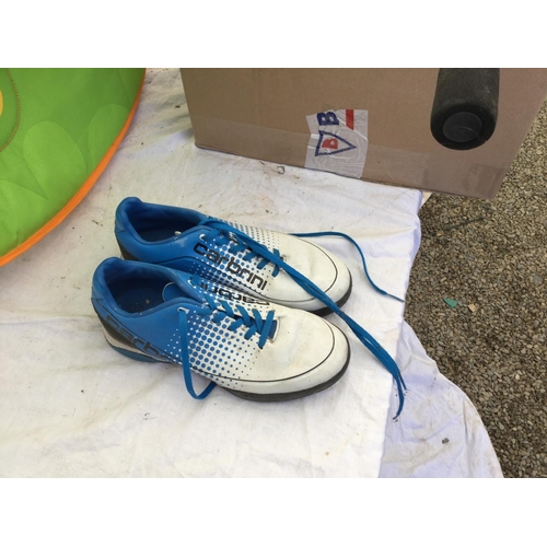 89 - BOX OF FOOTBALL BOOTS, TOY GUITARS, CHILDS SEAT AND BOULES