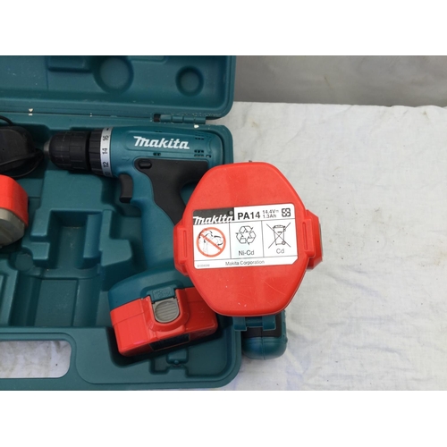 93 - MAKITA  RECHARGABLE 14.4V DRILL WITH 2 BATTERYS IN CASE AND A MAKITA 14.4 V DRILL NO CASE W/O
