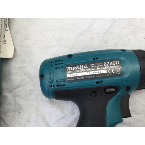 93 - MAKITA  RECHARGABLE 14.4V DRILL WITH 2 BATTERYS IN CASE AND A MAKITA 14.4 V DRILL NO CASE W/O