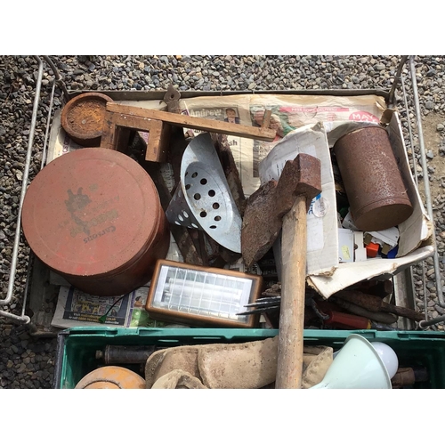 19 - 2 CRATES AND A TRAY OF HARDWARE TO INCLUDE HEDGING MITTONS, AXE ETC