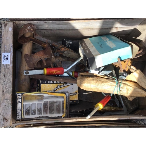 29 - 3 CRATES OF HARDWARE TO INCLUDE SHEEP SHEARS, MOP BUCKET, GARDEN SHEARS, FIRE EXTINGUISHERS, BLACK A... 