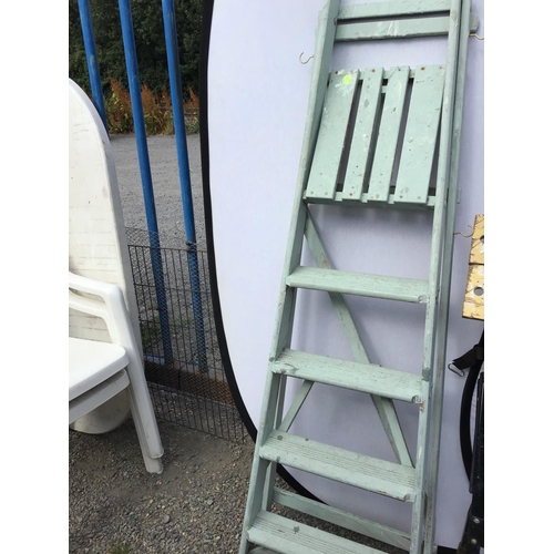 3 - WOODEN STEP LADDER WORKMATE AND GARDEN TOOLS