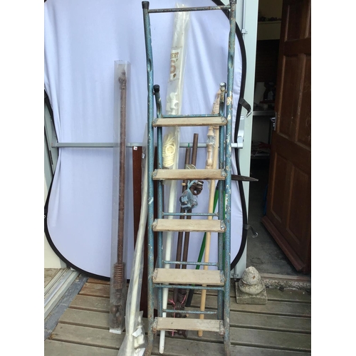 112 - METAL STEPS, WALL SHELF AND QTY OF CURTAIN POLES