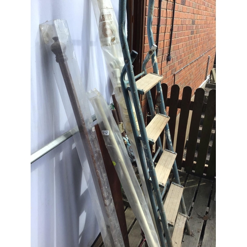 112 - METAL STEPS, WALL SHELF AND QTY OF CURTAIN POLES