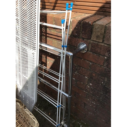 119 - QTY OF AIRING RAILS, CHROME TOWEL RAIL, IRONING BOARD, PICTURES ETC