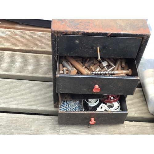 33 - PLASTIC CRATE OF HINGES METAL CABINET OF BOLTS ETC