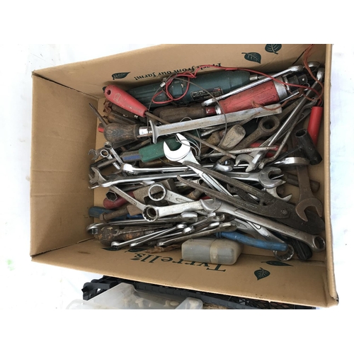167 - BOX AND 2 CRATES OF SPANNERS HARDWARE ETC