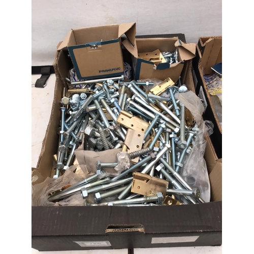 184 - 2 BOXES OF HARDWARE TO INCLUDE HINGES, NUTS AND BOLTS, METAL GARDEN GATE HANDLES ETC