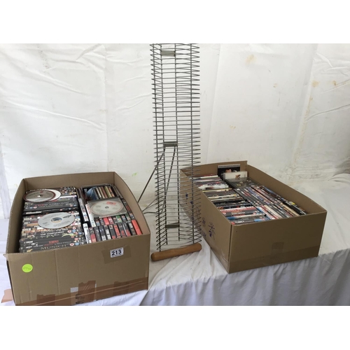 213 - 2 BOXES OF DVD'S AND A DVD STAND