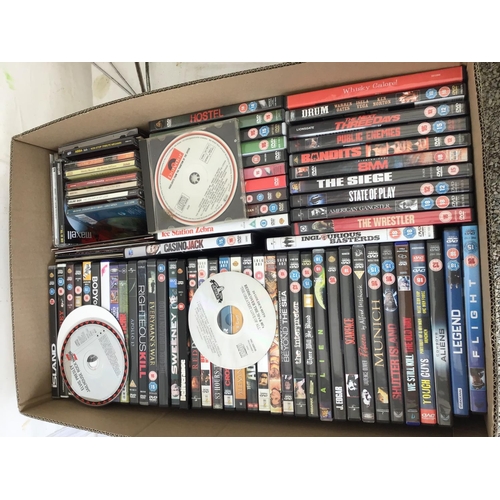 213 - 2 BOXES OF DVD'S AND A DVD STAND