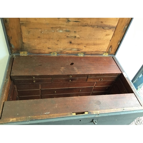 215 - LARGE VICTORIAN PINE TOOL BOX FITTED WITH BANKS OF DRAWERS COMPLETE WITH VICTORIAN TOOLS ETC