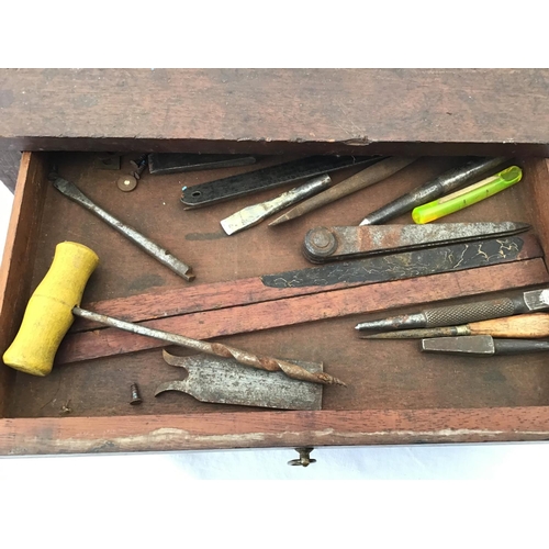 215 - LARGE VICTORIAN PINE TOOL BOX FITTED WITH BANKS OF DRAWERS COMPLETE WITH VICTORIAN TOOLS ETC