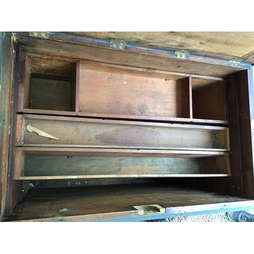 215 - LARGE VICTORIAN PINE TOOL BOX FITTED WITH BANKS OF DRAWERS COMPLETE WITH VICTORIAN TOOLS ETC