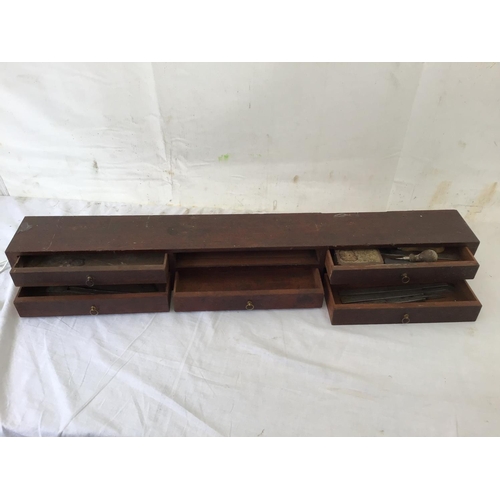 215 - LARGE VICTORIAN PINE TOOL BOX FITTED WITH BANKS OF DRAWERS COMPLETE WITH VICTORIAN TOOLS ETC