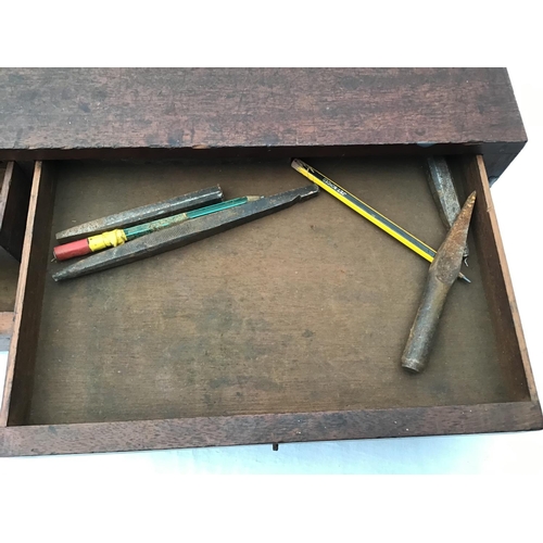 215 - LARGE VICTORIAN PINE TOOL BOX FITTED WITH BANKS OF DRAWERS COMPLETE WITH VICTORIAN TOOLS ETC