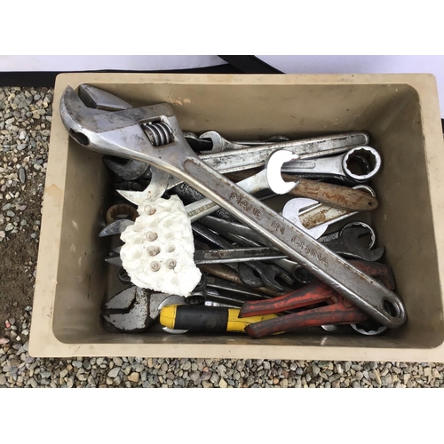 245 - CRATE OF SPANNERS TO INCLUDE MONKEY WRENCH