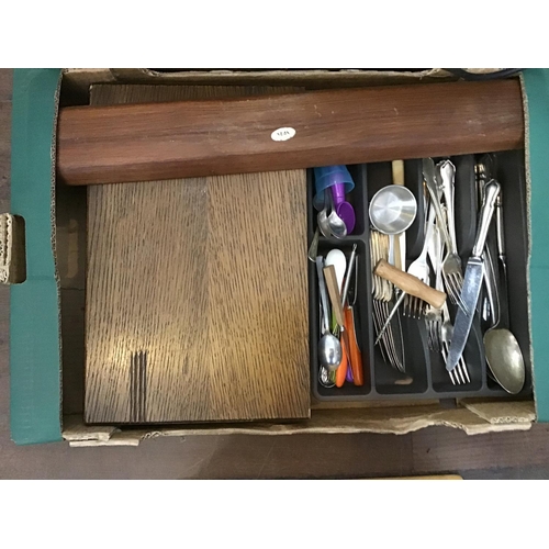 455 - BOX OF KITCHENWARE AND A BREADBIN TO INCLUDE SAUCEPANS WOK ETC