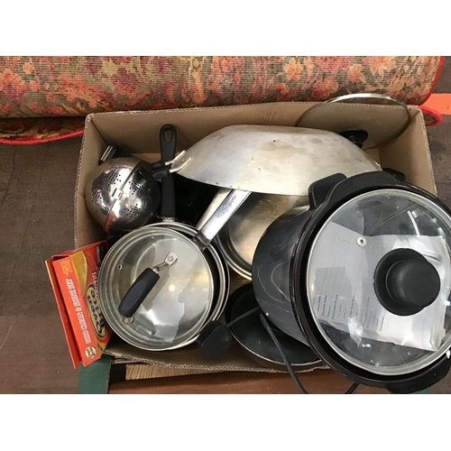 455 - BOX OF KITCHENWARE AND A BREADBIN TO INCLUDE SAUCEPANS WOK ETC